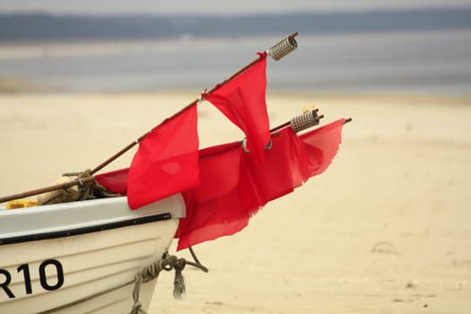 Marking pennant of a fishing boat on the beach of the island of Usedom,Mecklenburg-Western Pomerania,Germany