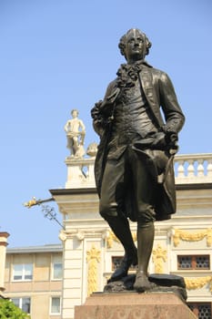 Goethe monument in front of the old stock exchange,in the background the back of the old town hall,Leipzig,Saxony,Germany