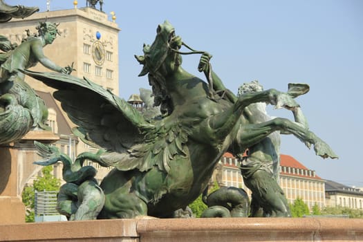 Mende Fountain on Augustusplatz,Leipzig,Saxony,Germany,in the background the Kroch high-rise with the Theaterpassage