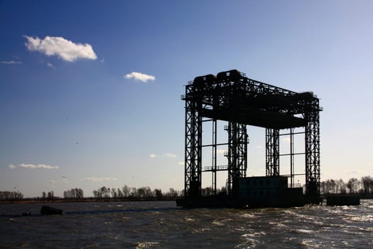 Ruins of the railway lift bridge of Karnin,which was blown up in April 1945,formerly the railway connection to the island of Usedom between Ducherow and Świnoujście,built in 1933