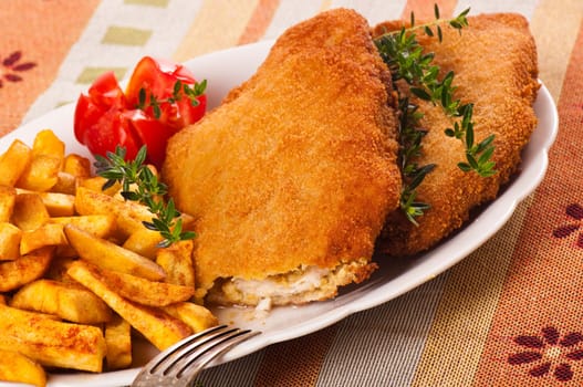 Pork schnitzel with fries on porcelain plate