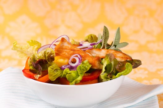 mixed salad with turkey breast on yellow background with pattern