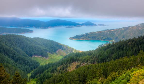 Scenic bird&#039 s eye view of Oyster Bay near Picton in New Zealand&#039 s South Island