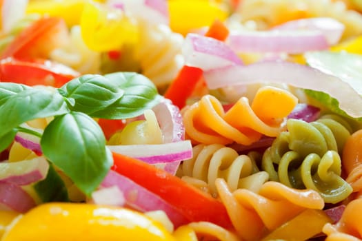 Macro image of multi-colored pasta salad with vegetables