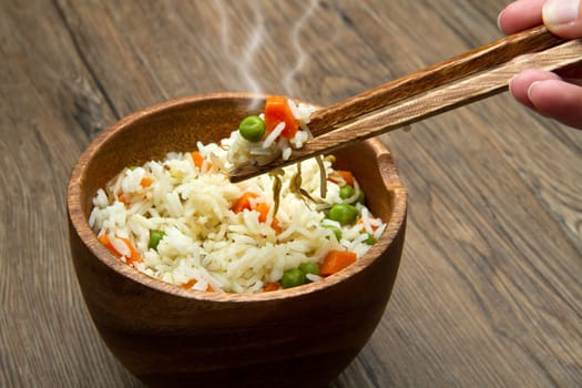 Chinese fried rice with carrots, peas and soybeans