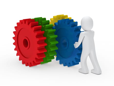 3d man push four colorful gear circle
