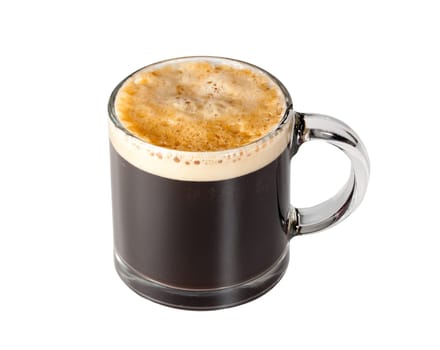 Black expresso coffee with heady froth in a glass mug or cup with path around the edge