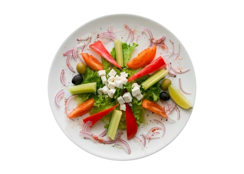 Appetizing salad in a plate on white background.