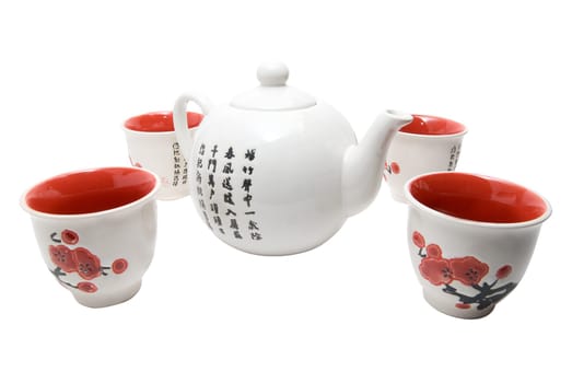 Tea-things in asian style with hieroglyphics. Isolated on white.