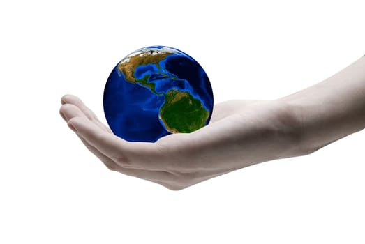 Earth in hands on white background