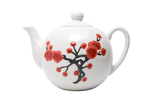 Teapot in asian style with flowers. Isolated on white.