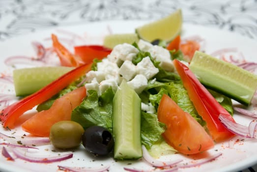 Close-up of Appetizing salad in a plate on white background.