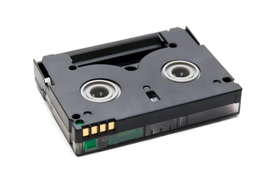 Mini Dv casette close up on isolated white background.