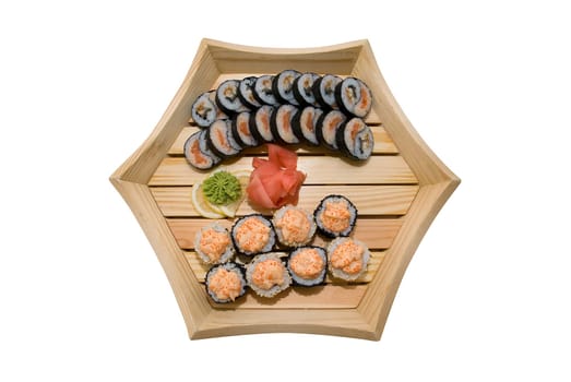 sushi in wood plate on white background