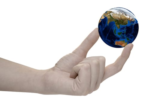 Earth in hand on white background