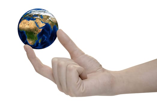 Earth in hand on white background