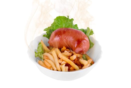 Delicious sausages and French fried potatoes with smoke on white