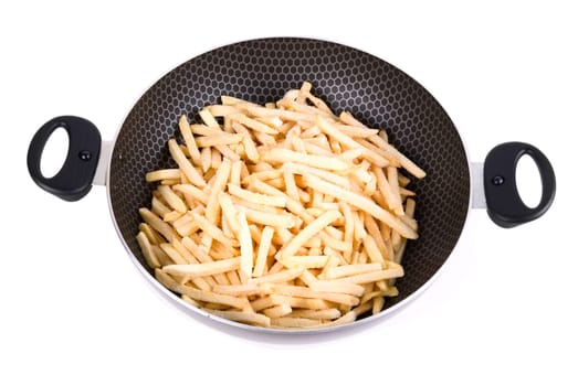 Fried potatoes in Teflon pan on white