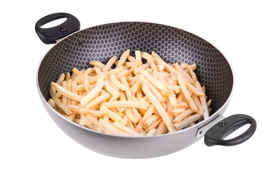 Fried potatoes in Teflon pan on white