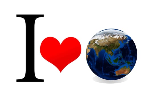 Concept: I love earth. Isolation on white. Data source: nasa.