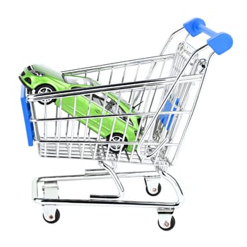 Car in shopping cart isolated on white background