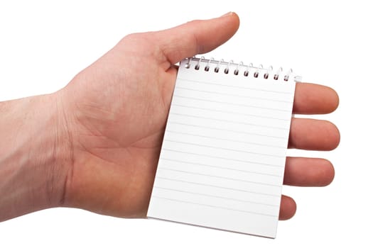 Notepad in hand on white background