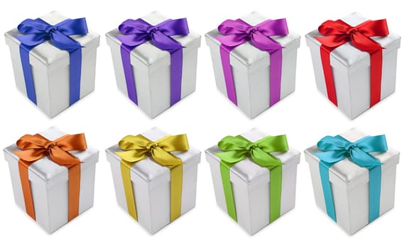 Silver gifts with different bow colors.