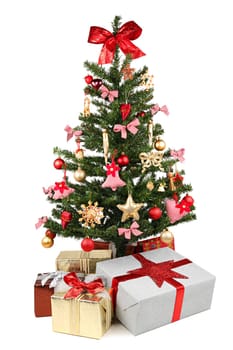 festively decorated christmas tree with many gifts.
