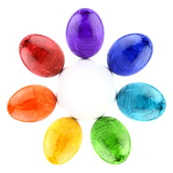 Colorful Easter eggs in rainbow colors in a circle.