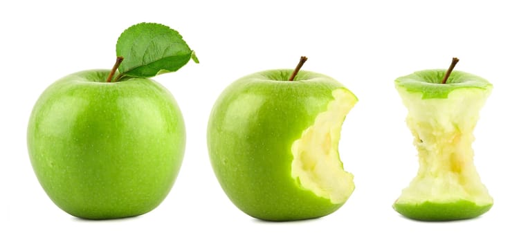 Set of green granny smith apples in different states on white background
