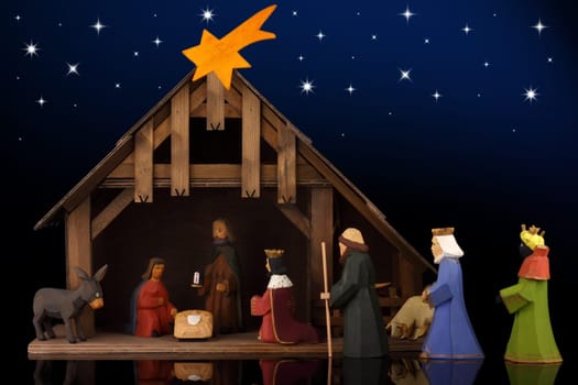 A Christmas nativity scene under twinkling stars