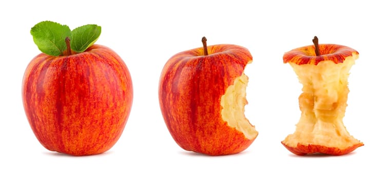 Row of red apples in different states on white background