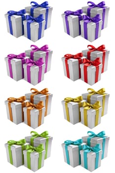 Three silver gifts with different bow colors.