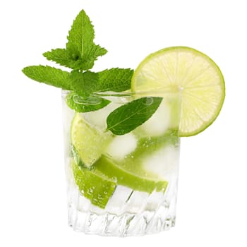 A mojito cocktail against a white background