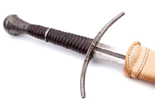 Medieval sword with scabbard on white background.
