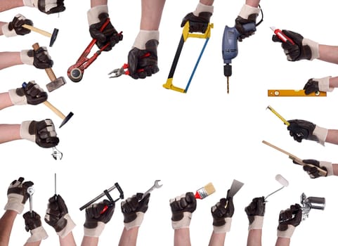 Complete set of hands with tools in work gloves.