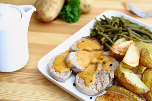 Pepper-Cream Pork Medallions with Potato Wedges and Beans