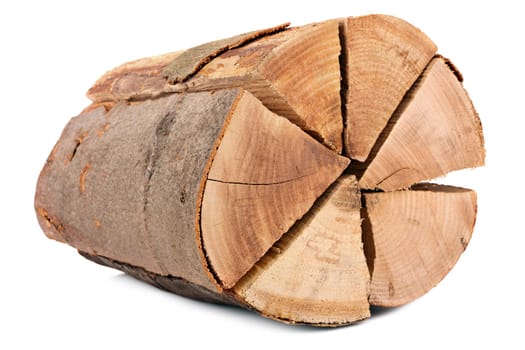 Firewood stack of individual logs on white background.