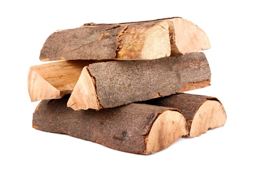 Firewood stack of individual logs on white background.