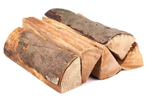 Firewood stack of individual logs on white background.