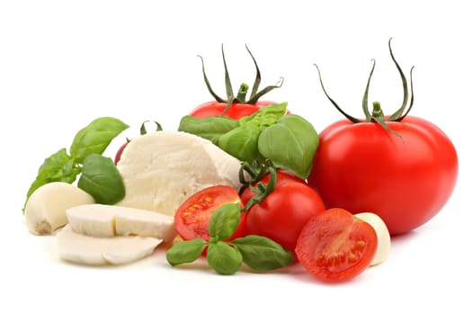 Italian pasta ingredients on white background.