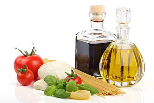 Italian pasta ingredients on white background.