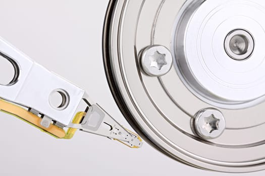 Closeup of the sensor of a hard disk