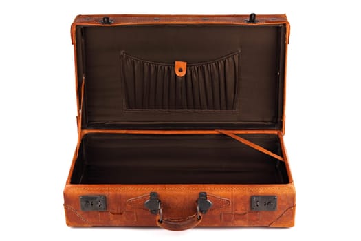 Opened old leather suitcase.