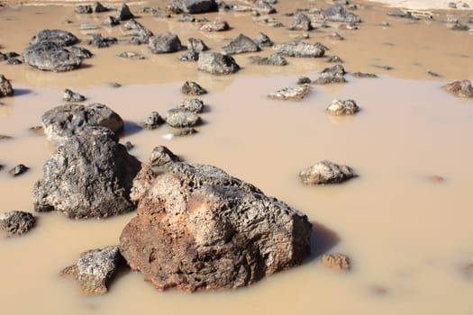 Small puddle at the bottom of Amboy Crater in the deserts of southern California.