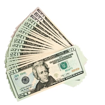 Fan of 20 and 50 dollar bills in top view