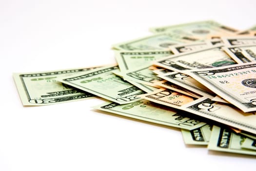 Pile of 5,10 and 20 dollar bills from deep angle