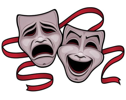 Vector illustration of comedy and tragedy theater masks with a red ribbon.