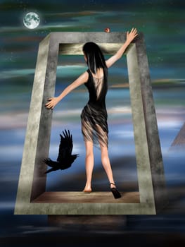 Illustration of a gothic princess in an impossible surreal landscape