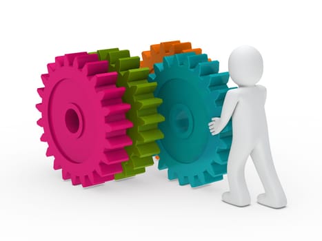 3d man push four colorful gear circle